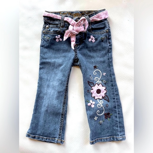 Squeeze Jeans Other - 2T Squeeze Jeans Embroidered Boot Cut Medium Wash Denim Jeans Corduroy Sash Belt